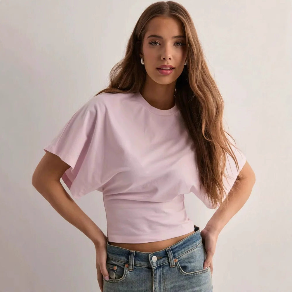 Round Neck Pullover Short Sleeve T-shirt Women's Solid Color Loose Top
