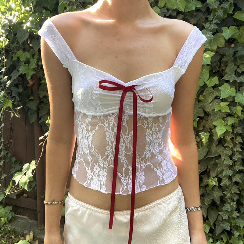 Lace Pleated Chest Low Collar Top