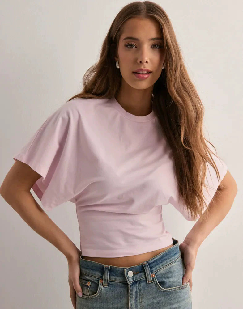 Round Neck Pullover Short Sleeve T-shirt Women's Solid Color Loose Top